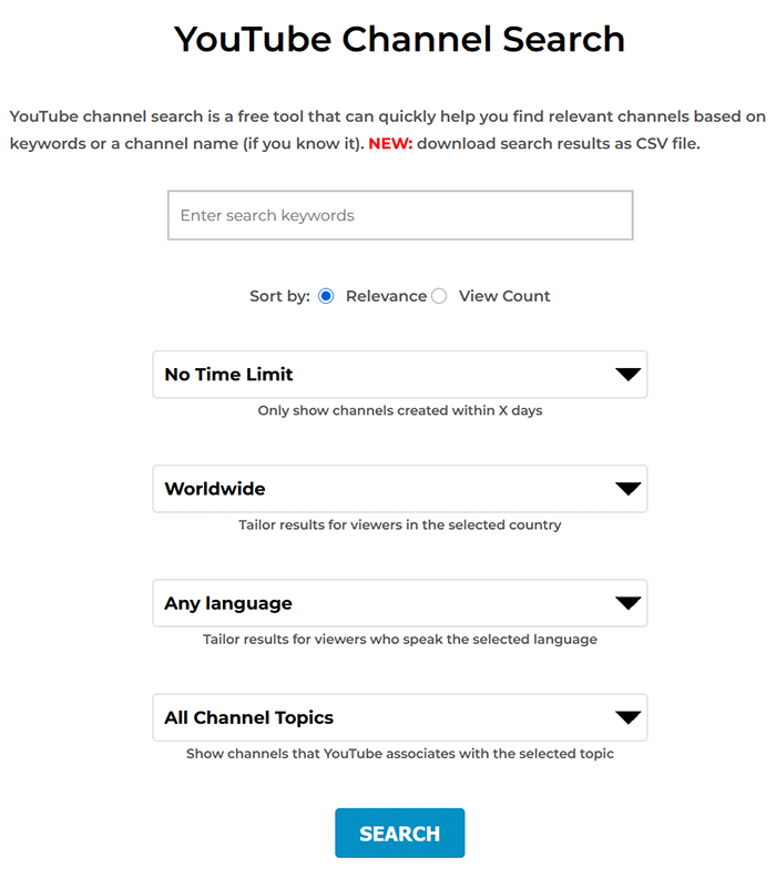 youtube channel search tool interface