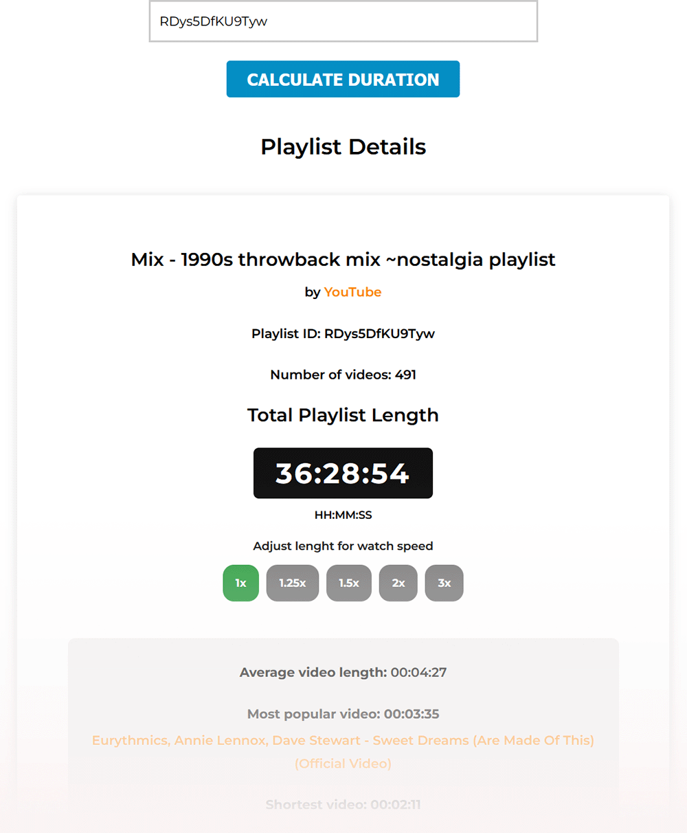 youtube playlist length calculator screenshot